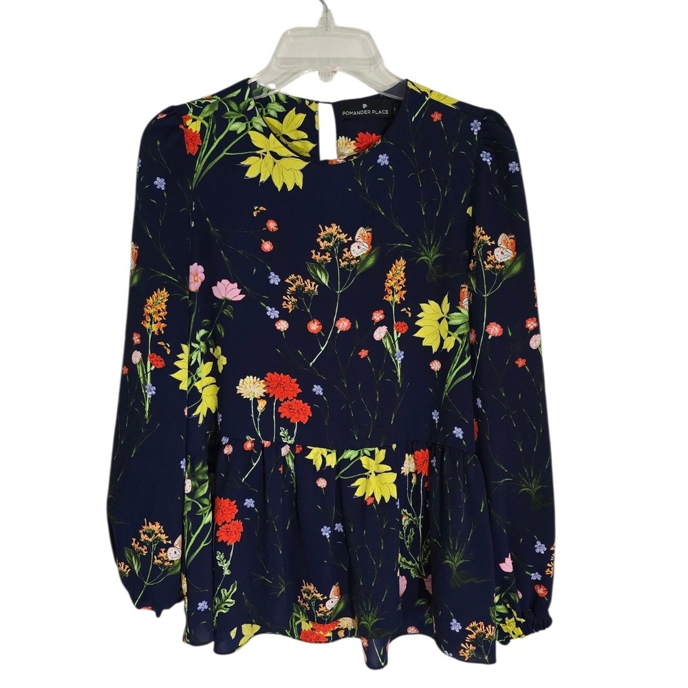 Pomander Place Navy Floral Peplum Top Long Sleeve Wildflower Blouse Small